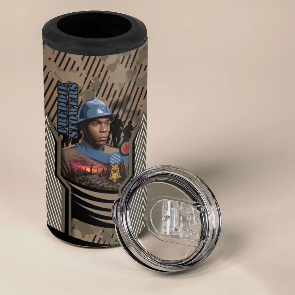 Freddie Stowers African American 4 in 1 Can Cooler Tumbler Medal Of Honor Red Hand - Military Camouflage Striped World War I