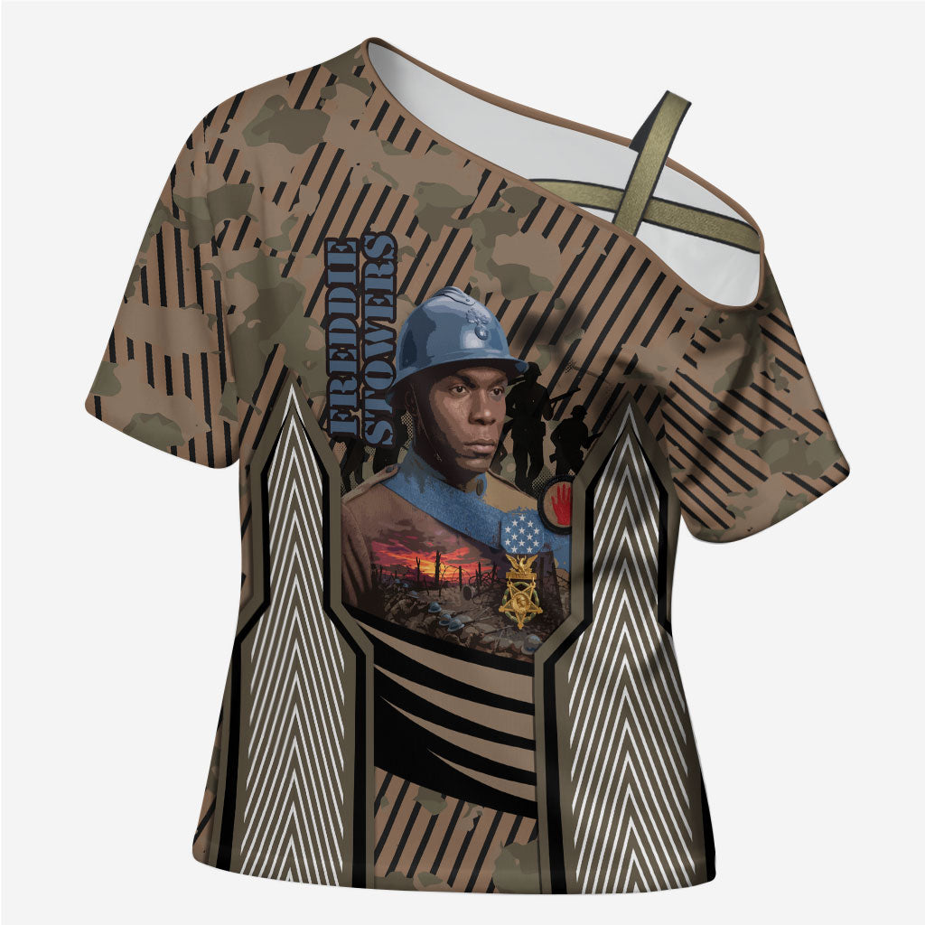 Freddie Stowers African American Cross Shoulder Shirt Medal Of Honor Red Hand - Military Camouflage Striped World War I