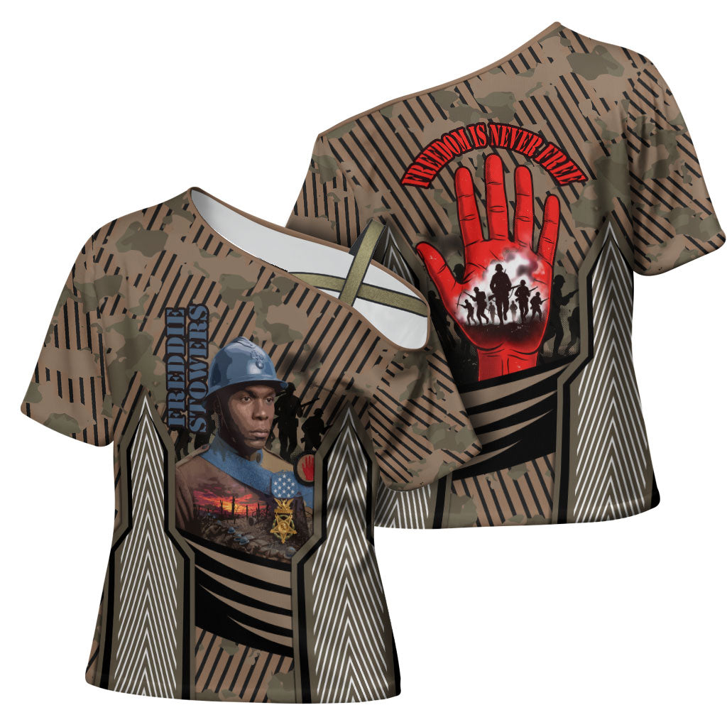 Freddie Stowers African American Cross Shoulder Shirt Medal Of Honor Red Hand - Military Camouflage Striped World War I