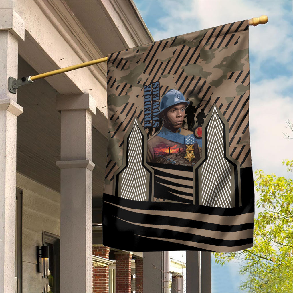 Freddie Stowers African American Garden Flag Medal Of Honor Red Hand - Military Camouflage Striped World War I