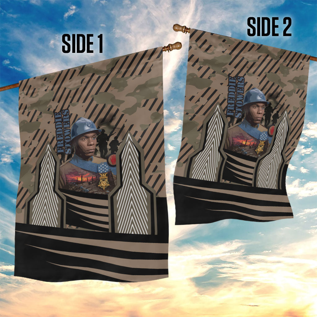 Freddie Stowers African American Garden Flag Medal Of Honor Red Hand - Military Camouflage Striped World War I