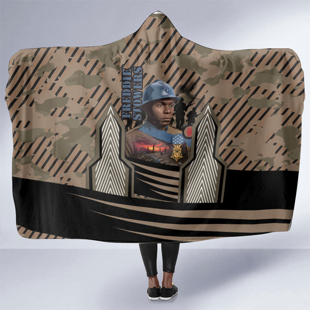Freddie Stowers African American Hooded Blanket Medal Of Honor Red Hand - Military Camouflage Striped World War I
