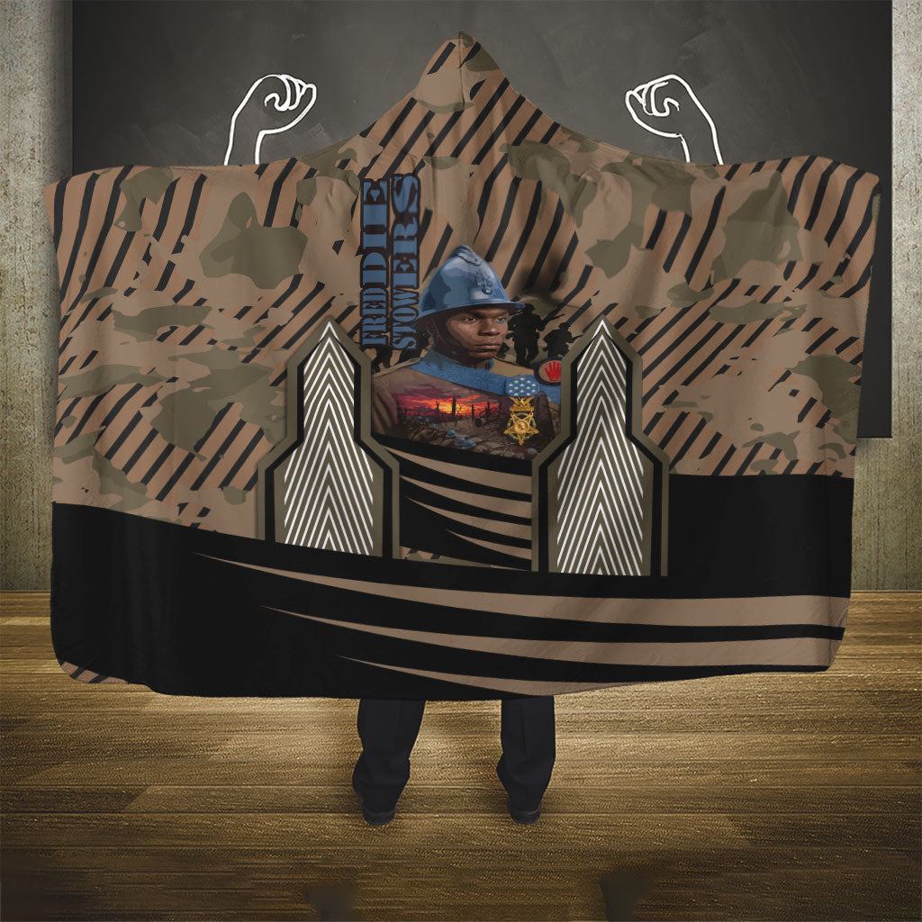 Freddie Stowers African American Hooded Blanket Medal Of Honor Red Hand - Military Camouflage Striped World War I