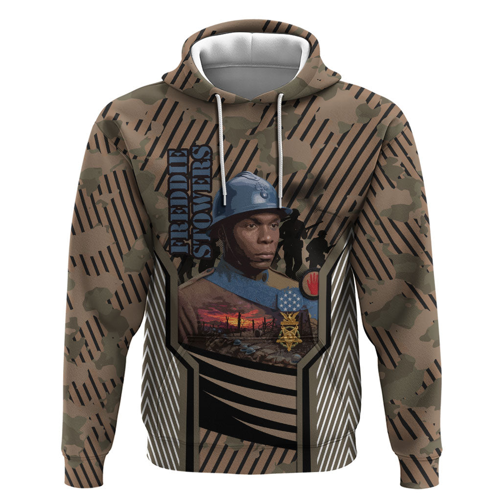 Freddie Stowers African American Hoodie Medal Of Honor Red Hand - Military Camouflage Striped World War I