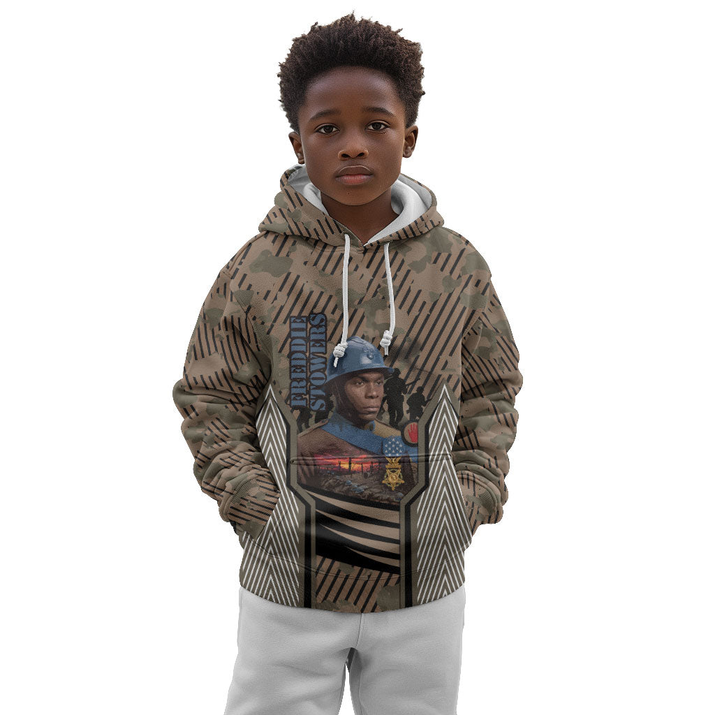 Freddie Stowers African American Kid Hoodie Medal Of Honor Red Hand - Military Camouflage Striped World War I