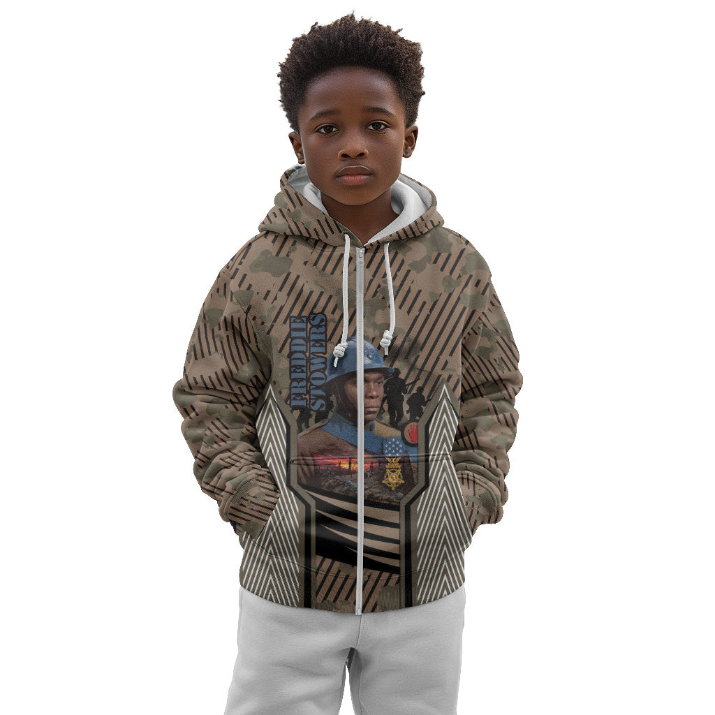 Freddie Stowers African American Kid Hoodie Medal Of Honor Red Hand - Military Camouflage Striped World War I