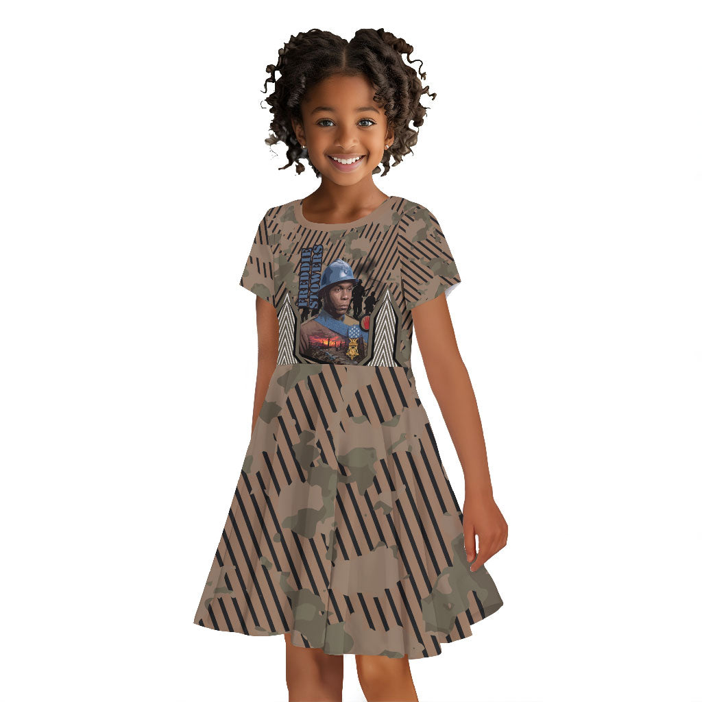 Freddie Stowers African American Kid Short Sleeve Dress Medal Of Honor Red Hand - Military Camouflage Striped World War I