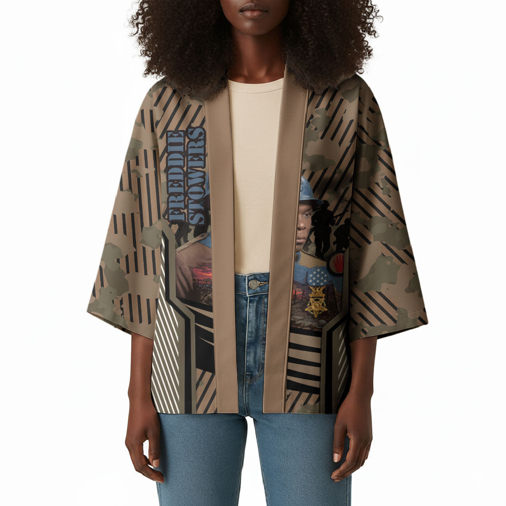Freddie Stowers African American Kimono Medal Of Honor Red Hand - Military Camouflage Striped World War I