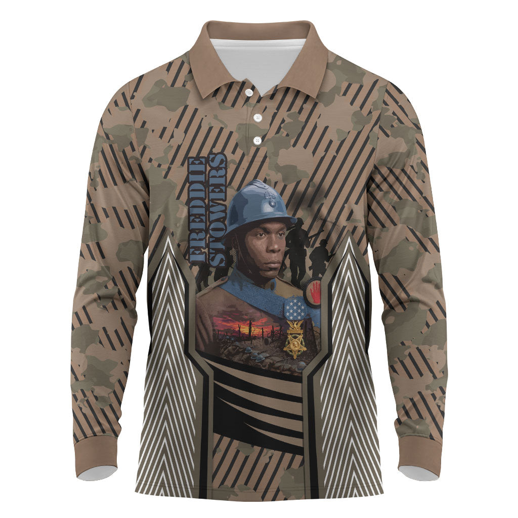 Freddie Stowers African American Long Sleeve Polo Shirt Medal Of Honor Red Hand - Military Camouflage Striped World War I