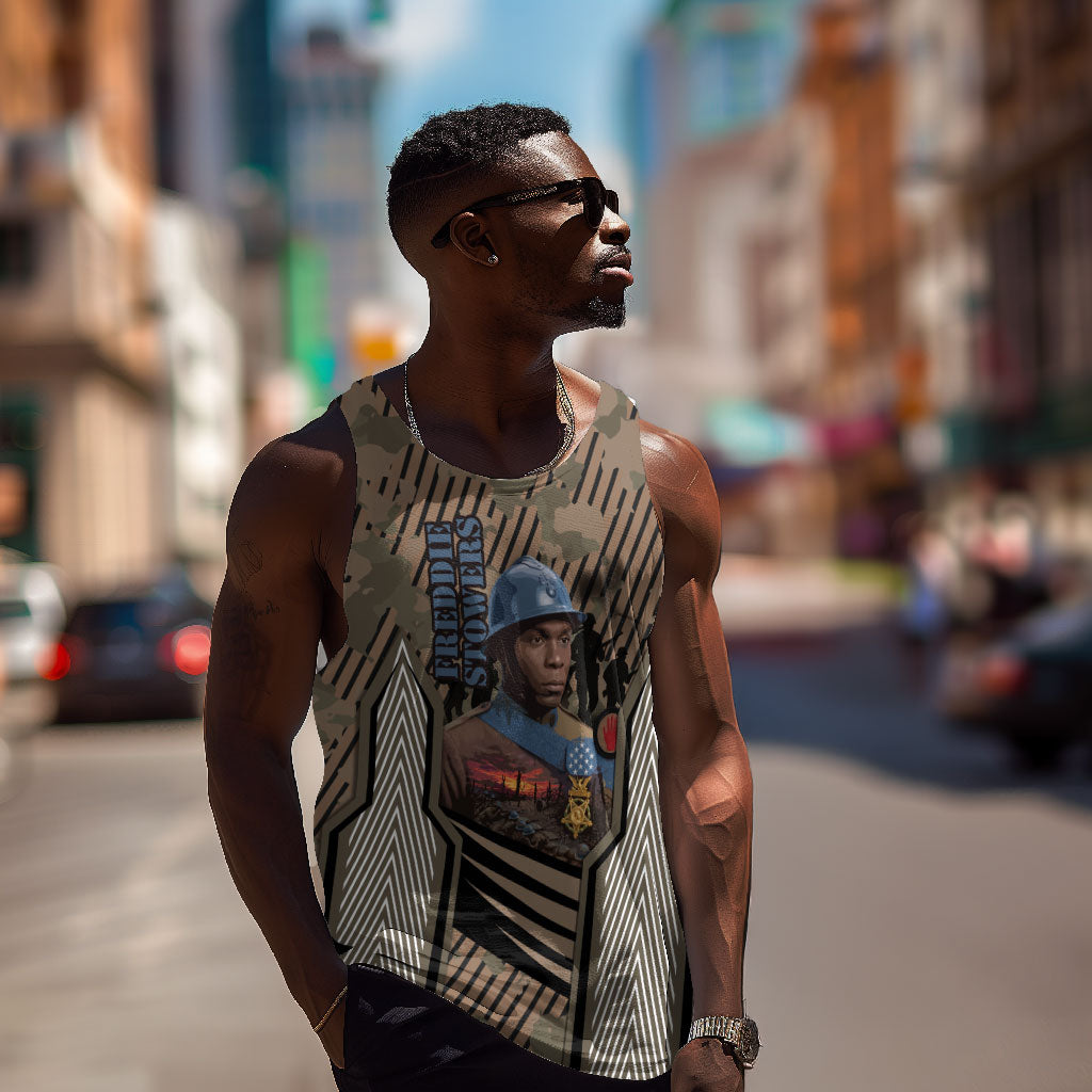 Freddie Stowers African American Men Tank Top Medal Of Honor Red Hand - Military Camouflage Striped World War I