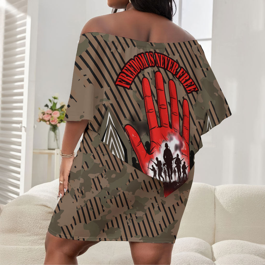 Freddie Stowers African American Off Shoulder Short Dress Medal Of Honor Red Hand - Military Camouflage Striped World War I