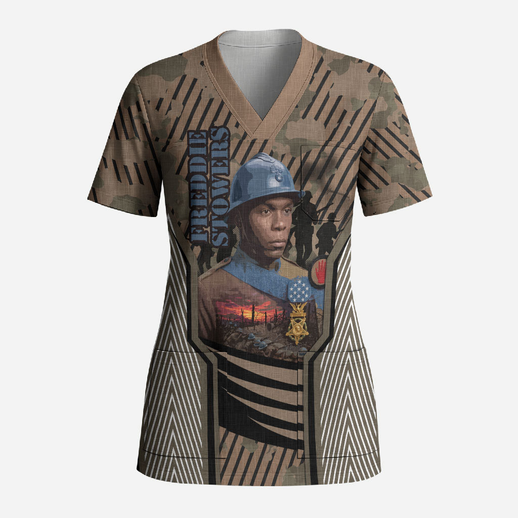 Freddie Stowers African American Scrub Top Medal Of Honor Red Hand - Military Camouflage Striped World War I