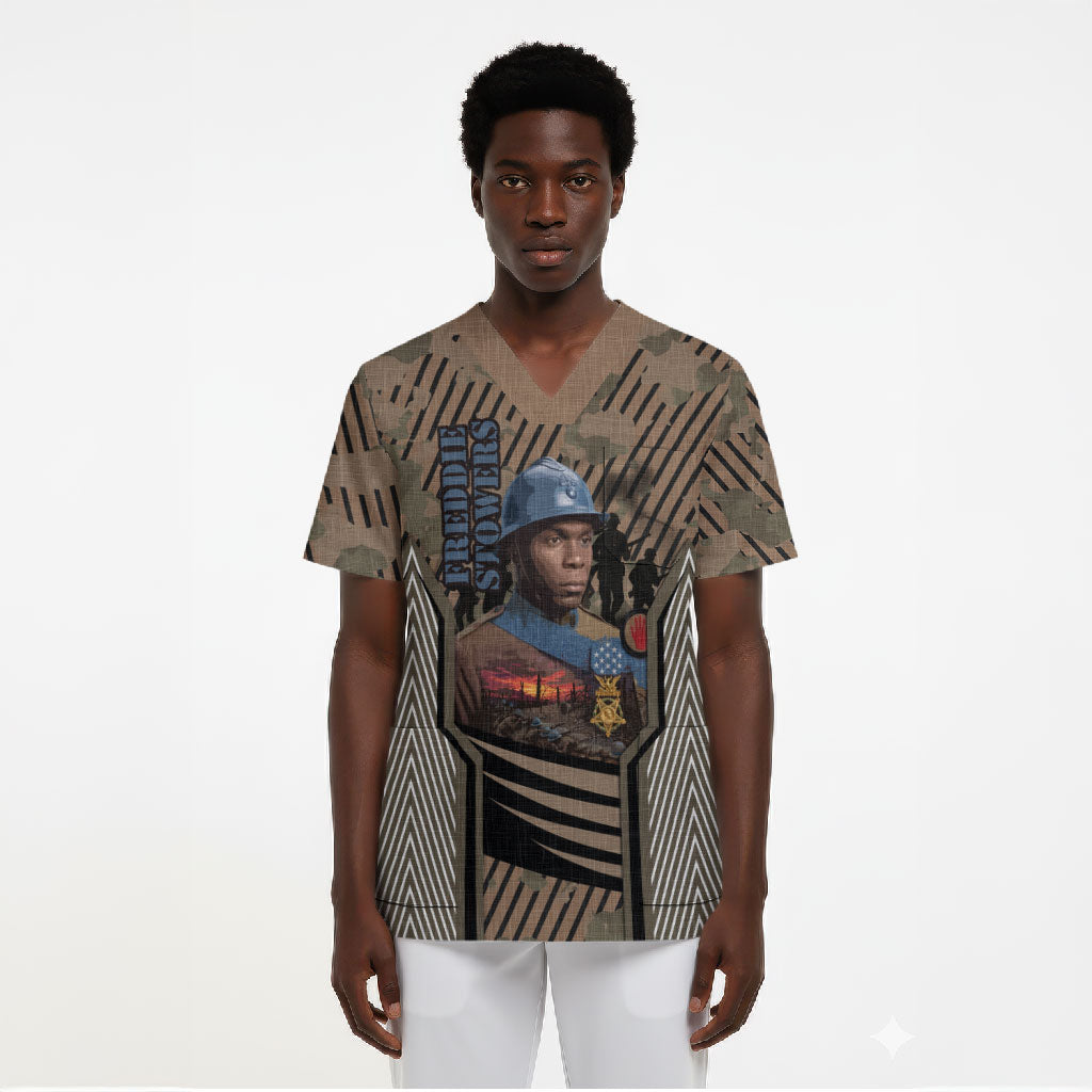 Freddie Stowers African American Scrub Top Medal Of Honor Red Hand - Military Camouflage Striped World War I