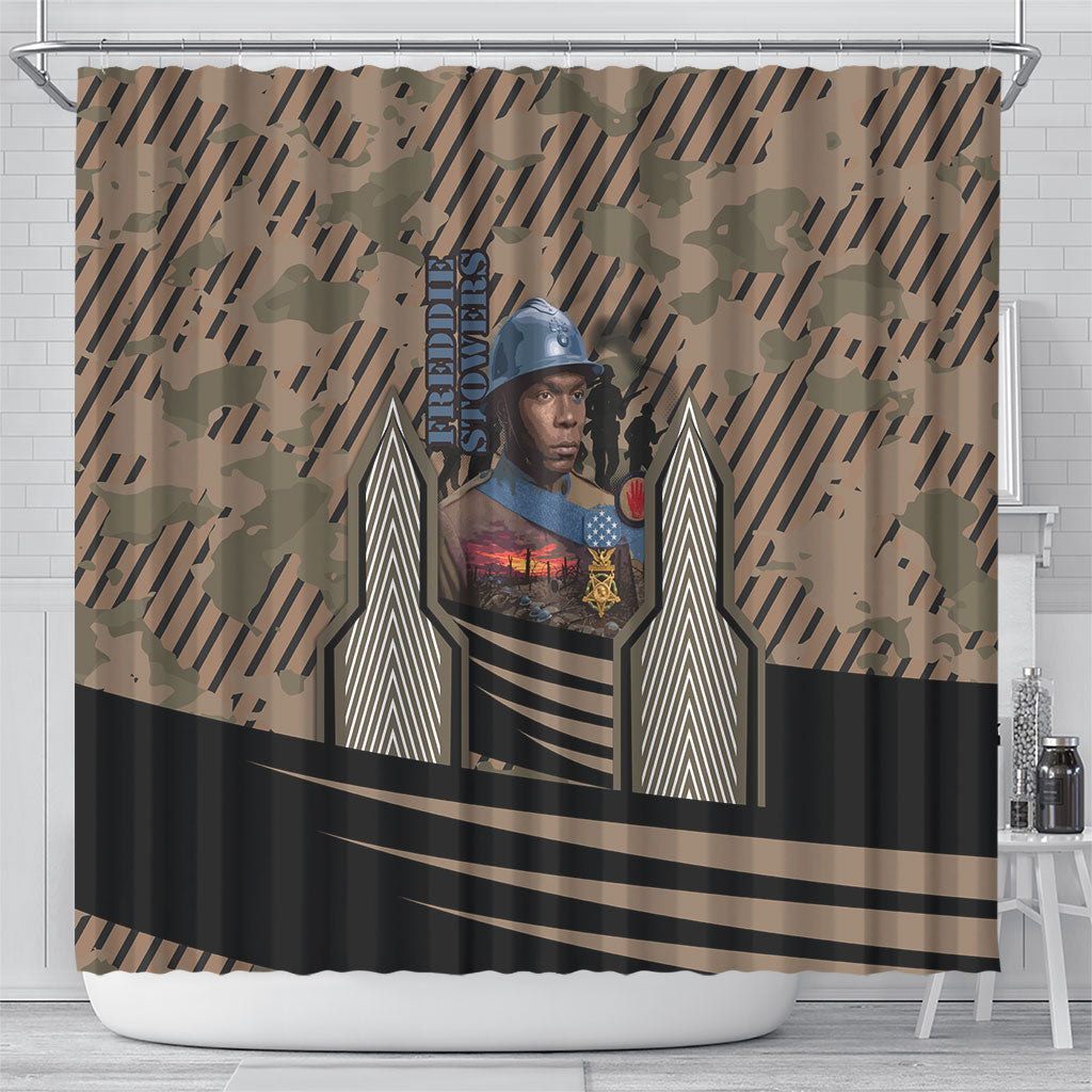 Freddie Stowers African American Shower Curtain Medal Of Honor Red Hand - Military Camouflage Striped World War I