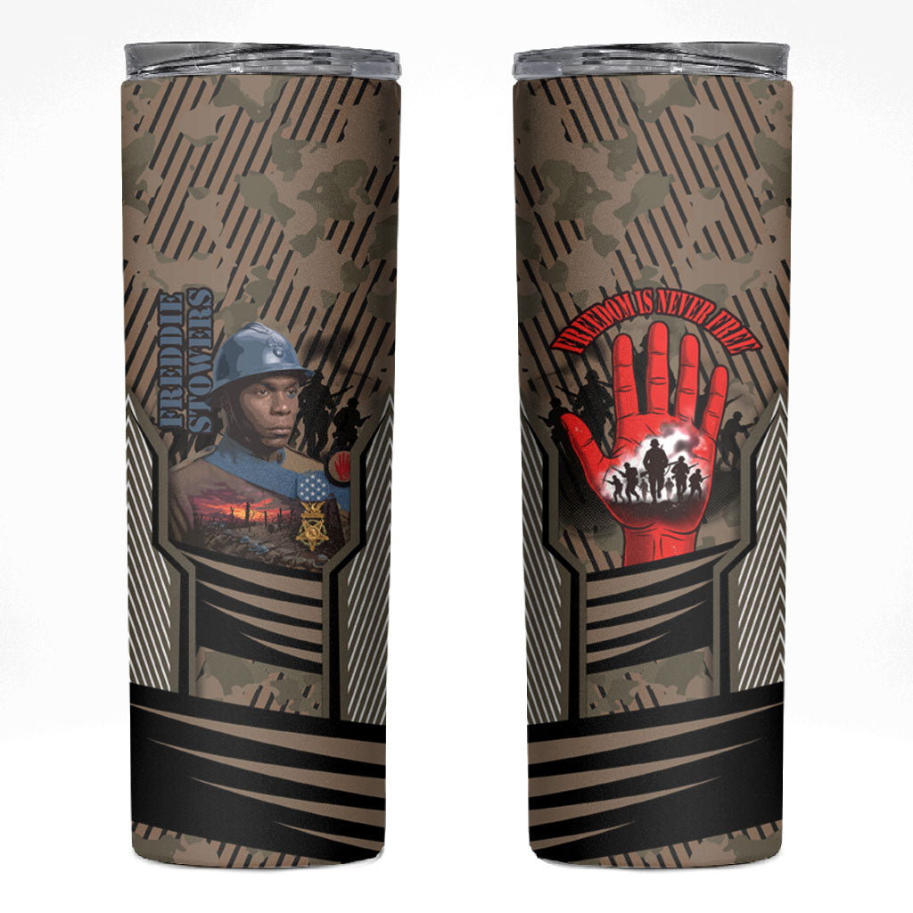 Freddie Stowers African American Skinny Tumbler Medal Of Honor Red Hand - Military Camouflage Striped World War I