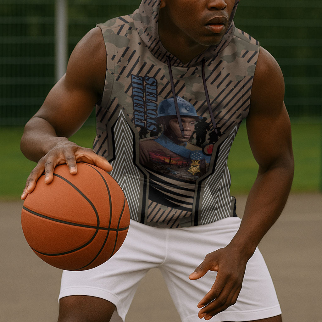 Freddie Stowers African American Sleeveless Hoodie Medal Of Honor Red Hand - Military Camouflage Striped World War I