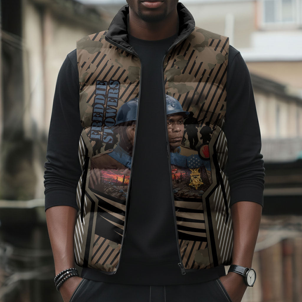 Freddie Stowers African American Sleeveless Puffer Jacket Medal Of Honor Red Hand - Military Camouflage Striped World War I