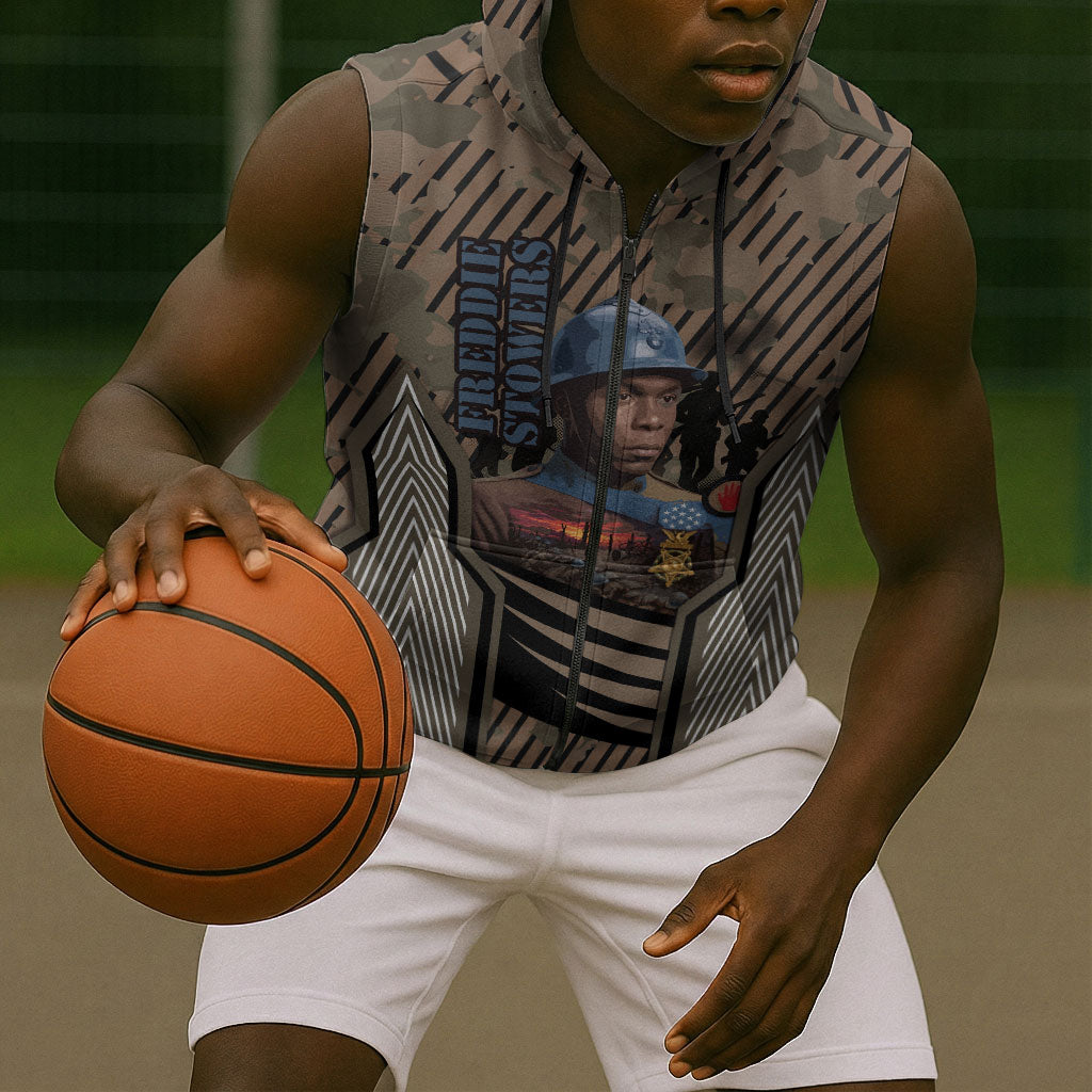 Freddie Stowers African American Sleeveless Zip Hoodie Medal Of Honor Red Hand - Military Camouflage Striped World War I