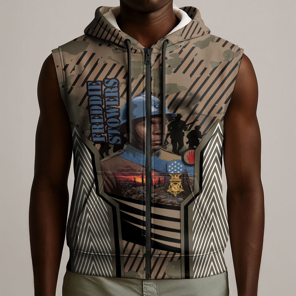 Freddie Stowers African American Sleeveless Zip Hoodie Medal Of Honor Red Hand - Military Camouflage Striped World War I