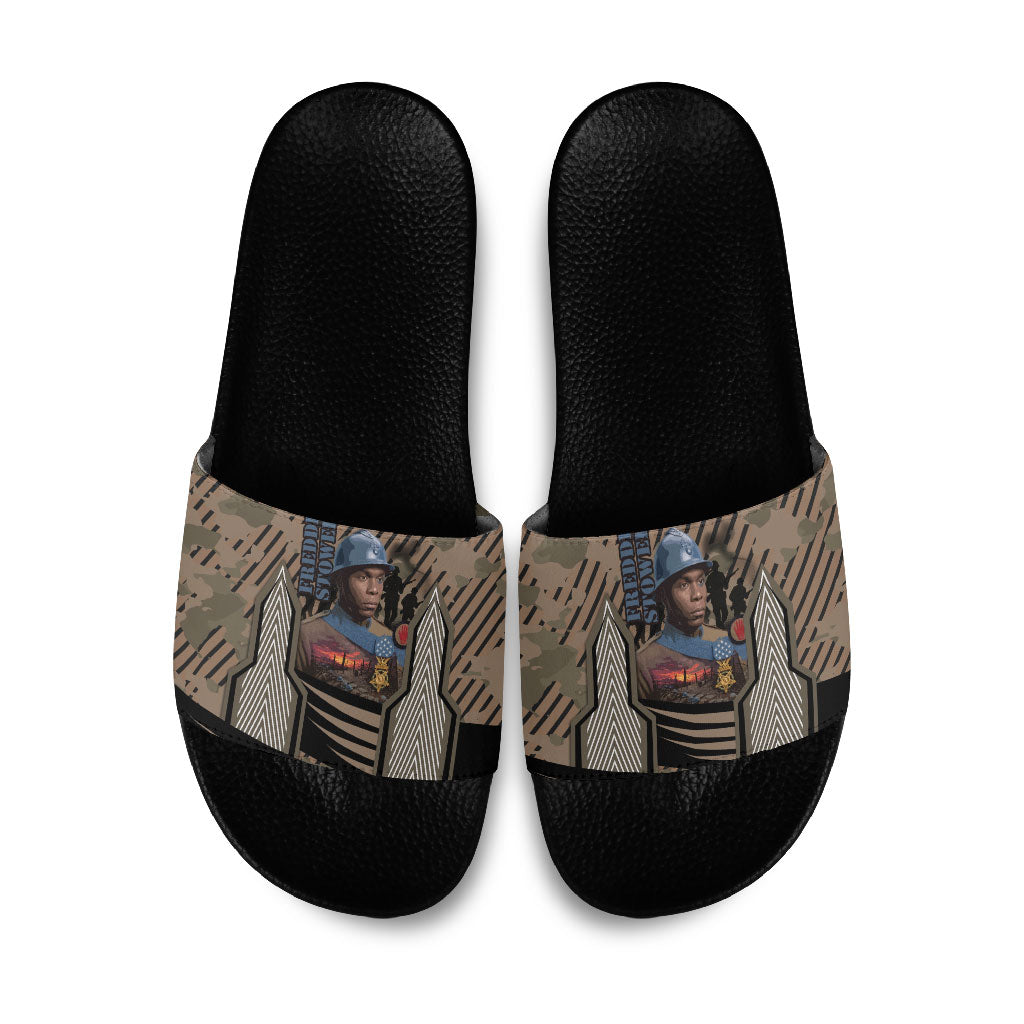 Freddie Stowers African American Slide Sandals Medal Of Honor Red Hand - Military Camouflage Striped World War I