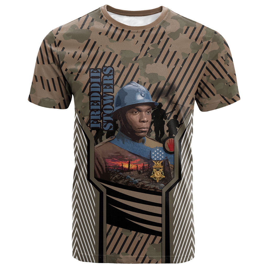 Freddie Stowers African American T shirt Medal Of Honor Red Hand - Military Camouflage Striped World War I