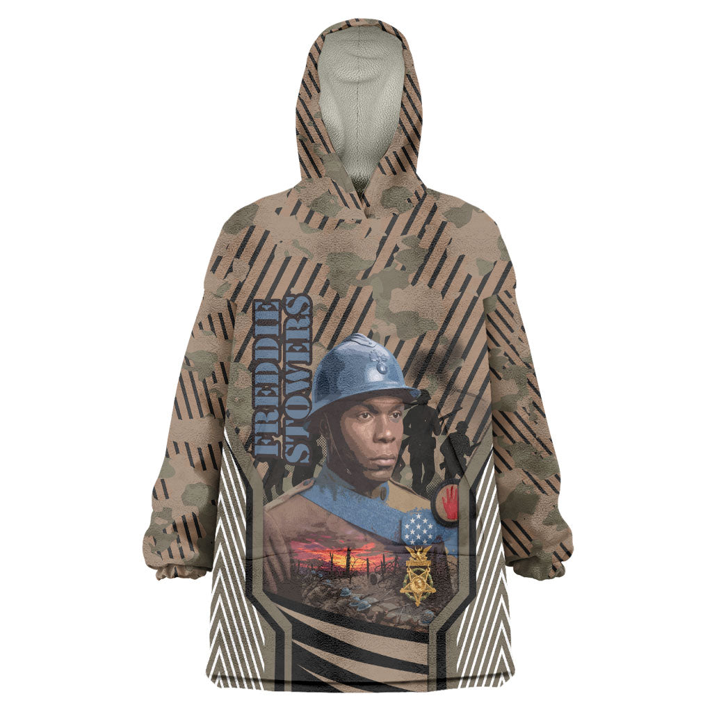 Freddie Stowers African American Wearable Blanket Hoodie Medal Of Honor Red Hand - Military Camouflage Striped World War I