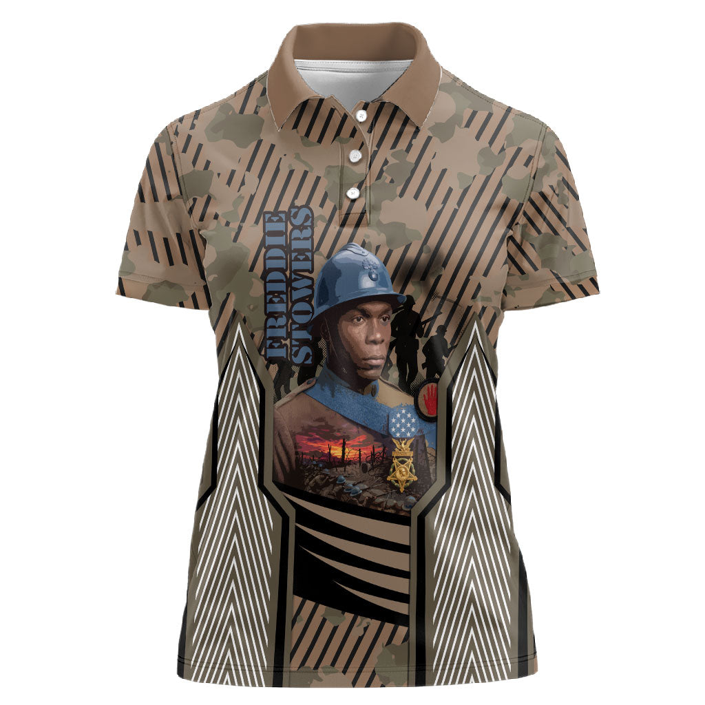 Freddie Stowers African American Women Polo Shirt Medal Of Honor Red Hand - Military Camouflage Striped World War I