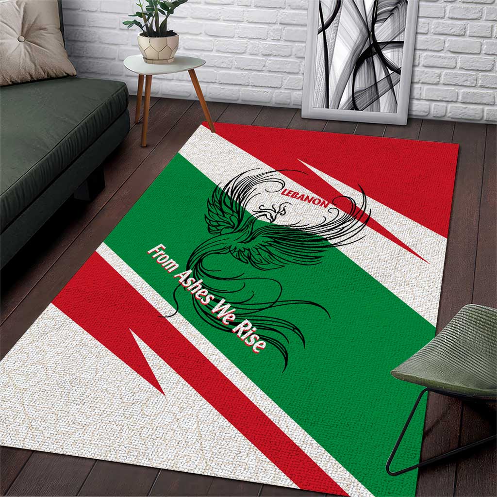 Lebanon Phoenix Area Rug with Cedar Flag Colors and Inspirational Quote