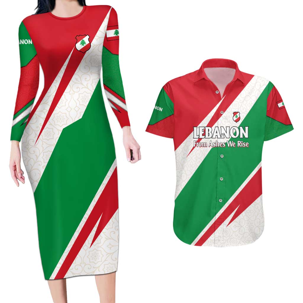 Lebanon Phoenix Couples Matching Long Sleeve Bodycon Dress and Hawaiian Shirt with Cedar Flag Colors and Inspirational Quote