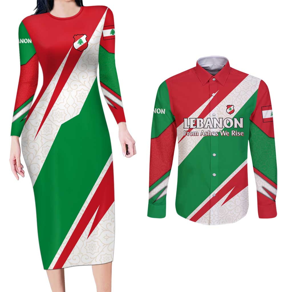Lebanon Phoenix Couples Matching Long Sleeve Bodycon Dress and Long Sleeve Button Shirt with Cedar Flag Colors and Inspirational Quote
