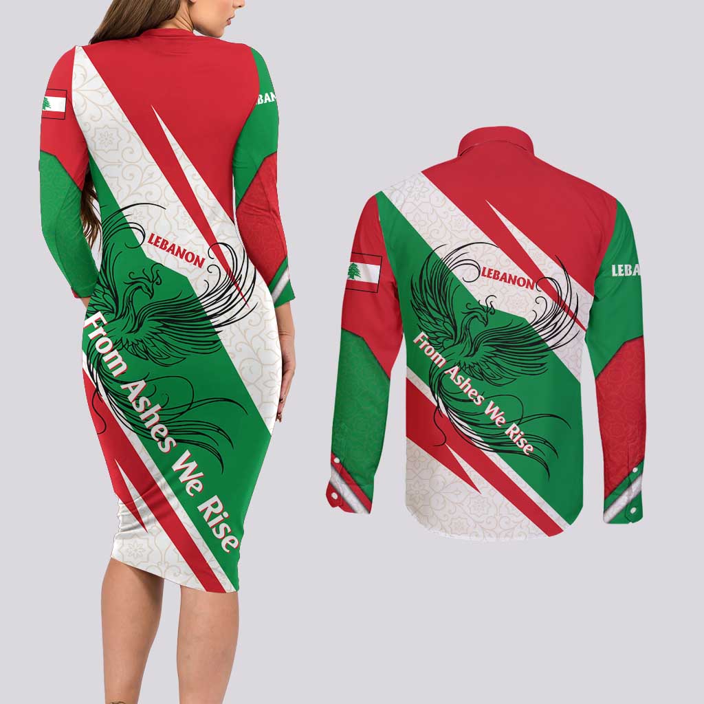 Lebanon Phoenix Couples Matching Long Sleeve Bodycon Dress and Long Sleeve Button Shirt with Cedar Flag Colors and Inspirational Quote