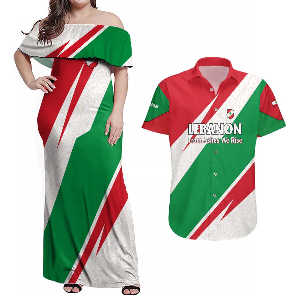 Lebanon Phoenix Couples Matching Off Shoulder Maxi Dress and Hawaiian Shirt with Cedar Flag Colors and Inspirational Quote