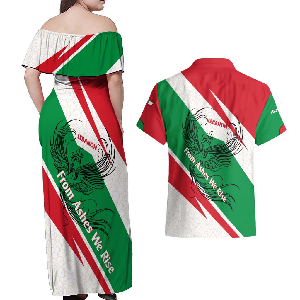 Lebanon Phoenix Couples Matching Off Shoulder Maxi Dress and Hawaiian Shirt with Cedar Flag Colors and Inspirational Quote