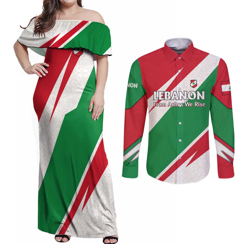 Lebanon Phoenix Couples Matching Off Shoulder Maxi Dress and Long Sleeve Button Shirt with Cedar Flag Colors and Inspirational Quote