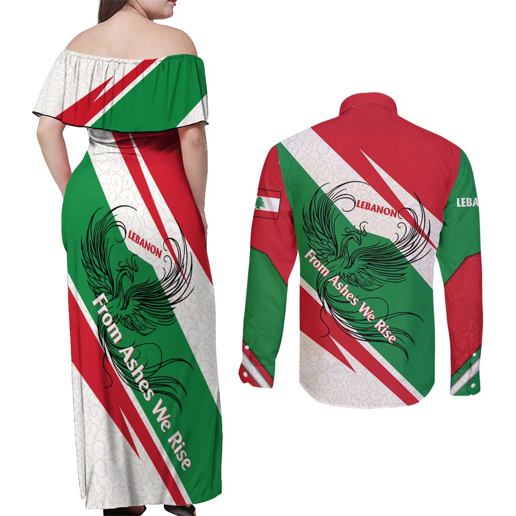 Lebanon Phoenix Couples Matching Off Shoulder Maxi Dress and Long Sleeve Button Shirt with Cedar Flag Colors and Inspirational Quote