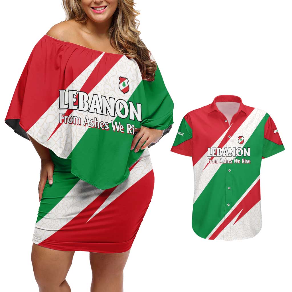 Lebanon Phoenix Couples Matching Off Shoulder Short Dress and Hawaiian Shirt with Cedar Flag Colors and Inspirational Quote