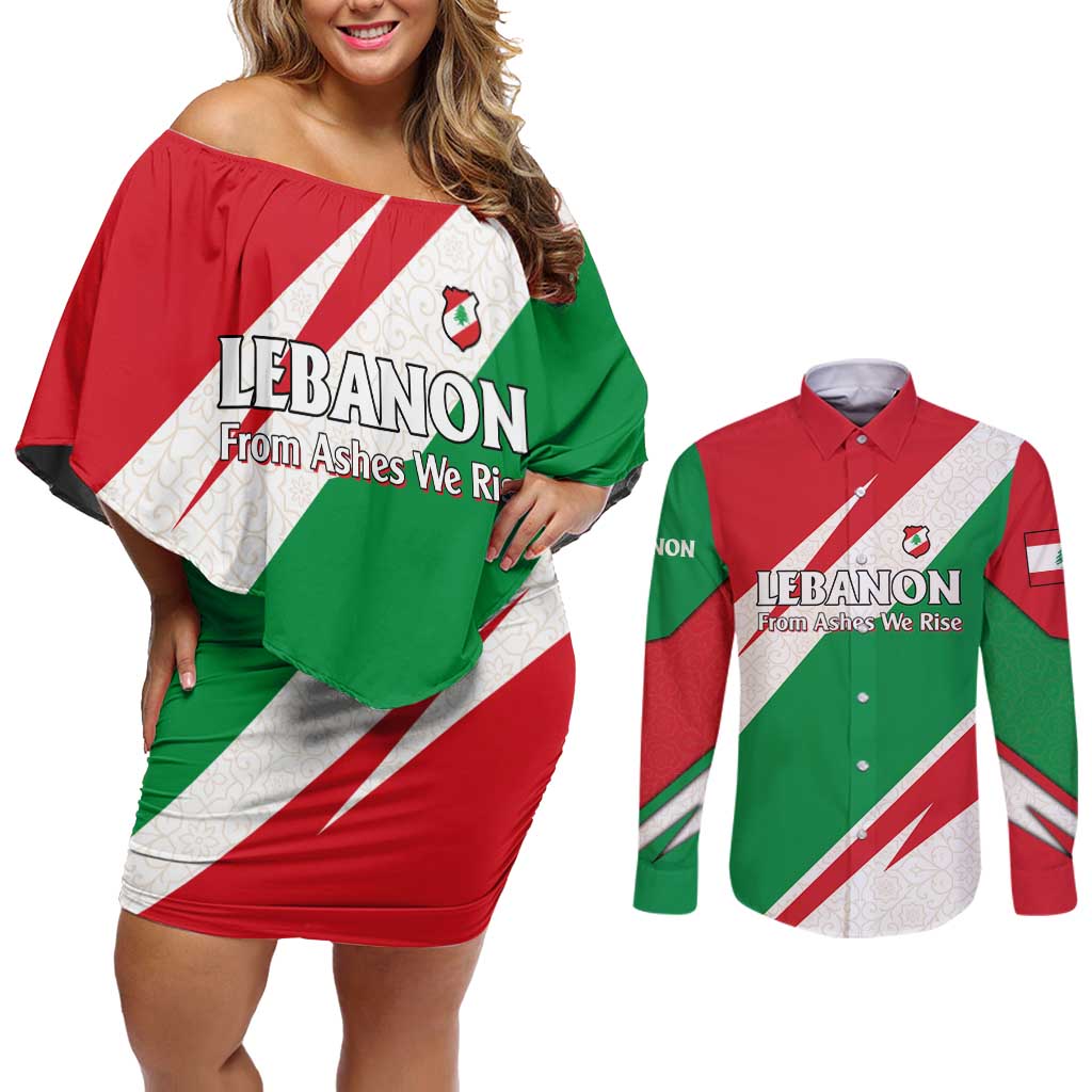 Lebanon Phoenix Couples Matching Off Shoulder Short Dress and Long Sleeve Button Shirt with Cedar Flag Colors and Inspirational Quote