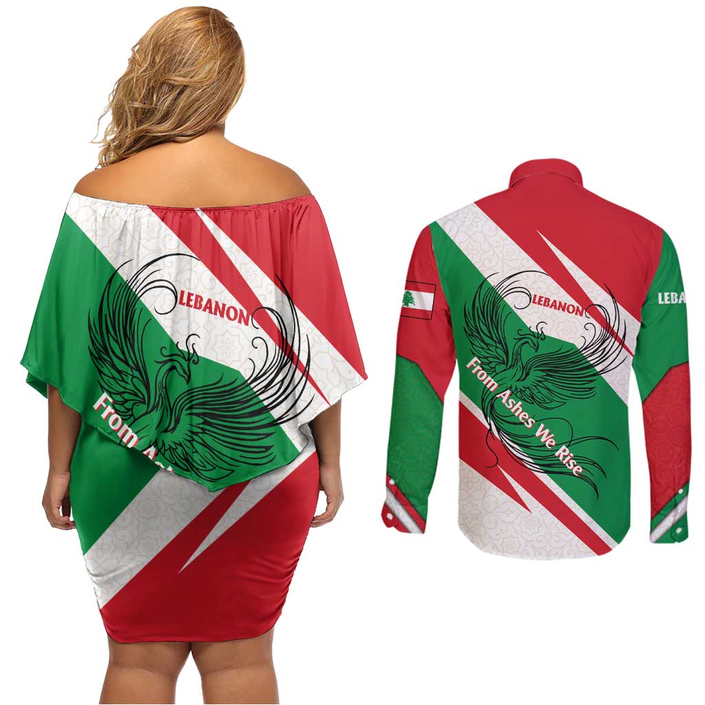 Lebanon Phoenix Couples Matching Off Shoulder Short Dress and Long Sleeve Button Shirt with Cedar Flag Colors and Inspirational Quote