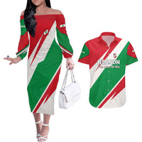 Lebanon Phoenix Couples Matching Off The Shoulder Long Sleeve Dress and Hawaiian Shirt with Cedar Flag Colors and Inspirational Quote