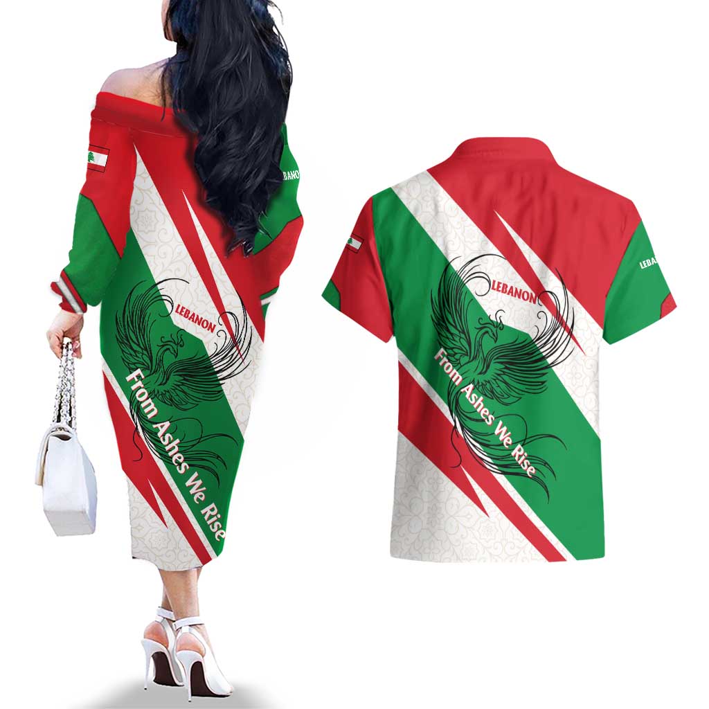 Lebanon Phoenix Couples Matching Off The Shoulder Long Sleeve Dress and Hawaiian Shirt with Cedar Flag Colors and Inspirational Quote
