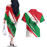 Lebanon Phoenix Couples Matching Off The Shoulder Long Sleeve Dress and Hawaiian Shirt with Cedar Flag Colors and Inspirational Quote