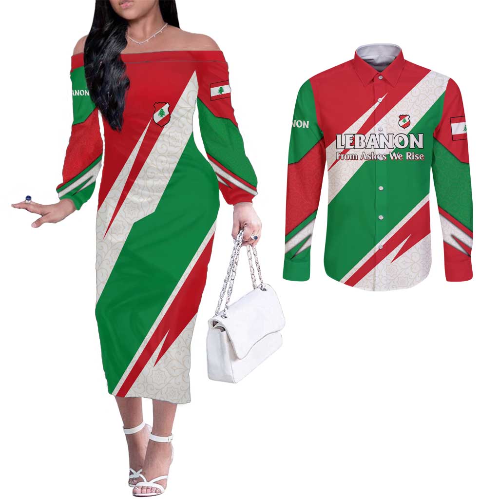 Lebanon Phoenix Couples Matching Off The Shoulder Long Sleeve Dress and Long Sleeve Button Shirt with Cedar Flag Colors and Inspirational Quote