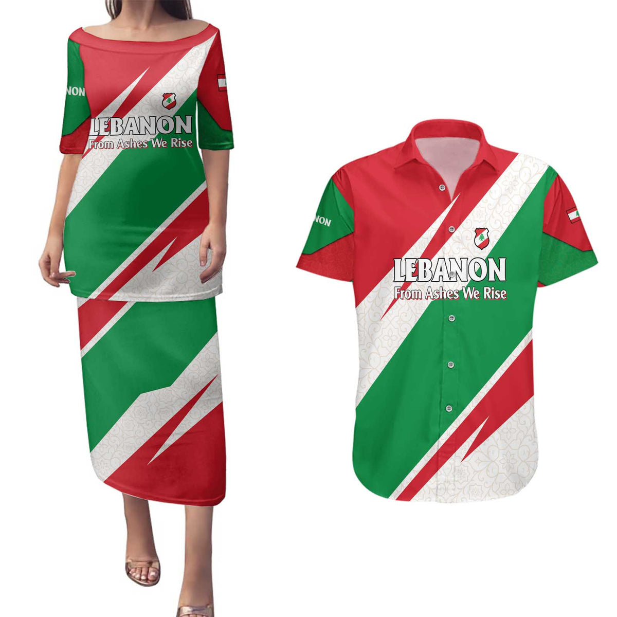 Lebanon Phoenix Couples Matching Puletasi and Hawaiian Shirt with Cedar Flag Colors and Inspirational Quote