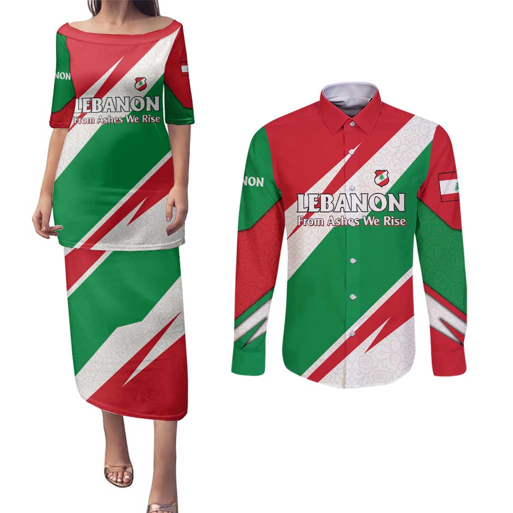 Lebanon Phoenix Couples Matching Puletasi and Long Sleeve Button Shirt with Cedar Flag Colors and Inspirational Quote