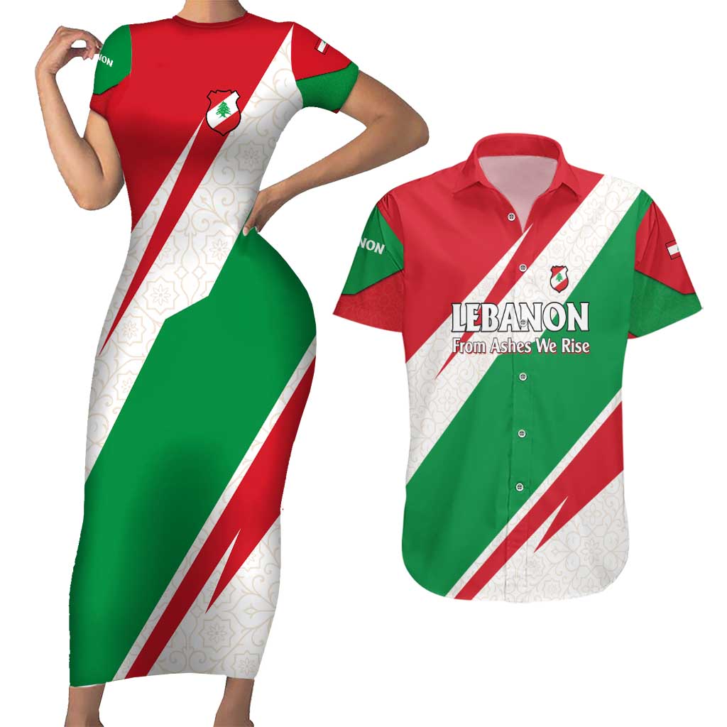 Lebanon Phoenix Couples Matching Short Sleeve Bodycon Dress and Hawaiian Shirt with Cedar Flag Colors and Inspirational Quote