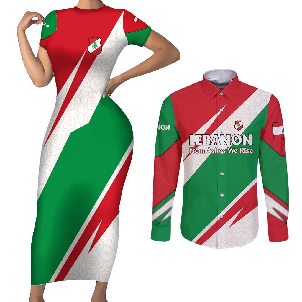 Lebanon Phoenix Couples Matching Short Sleeve Bodycon Dress and Long Sleeve Button Shirt with Cedar Flag Colors and Inspirational Quote