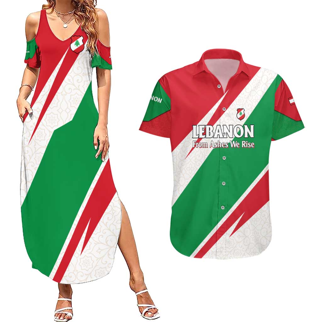 Lebanon Phoenix Couples Matching Summer Maxi Dress and Hawaiian Shirt with Cedar Flag Colors and Inspirational Quote