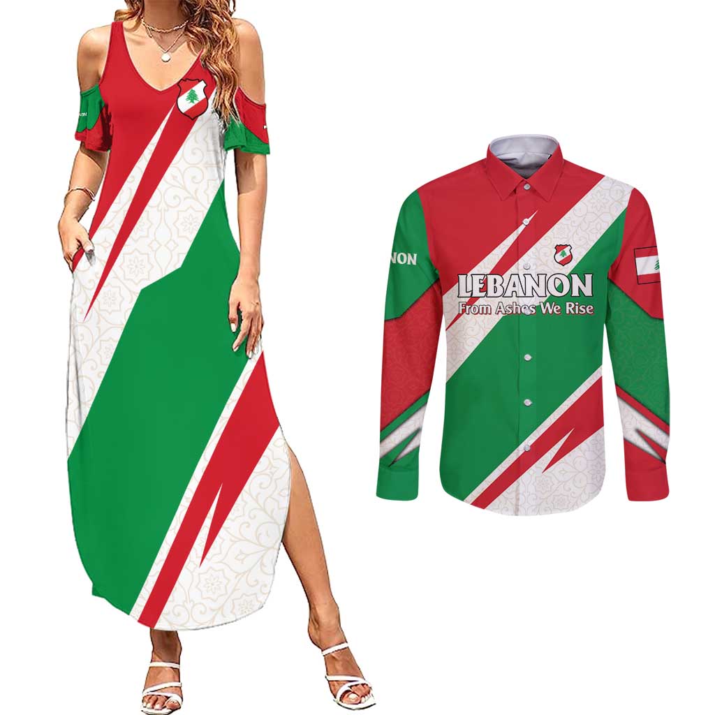 Lebanon Phoenix Couples Matching Summer Maxi Dress and Long Sleeve Button Shirt with Cedar Flag Colors and Inspirational Quote