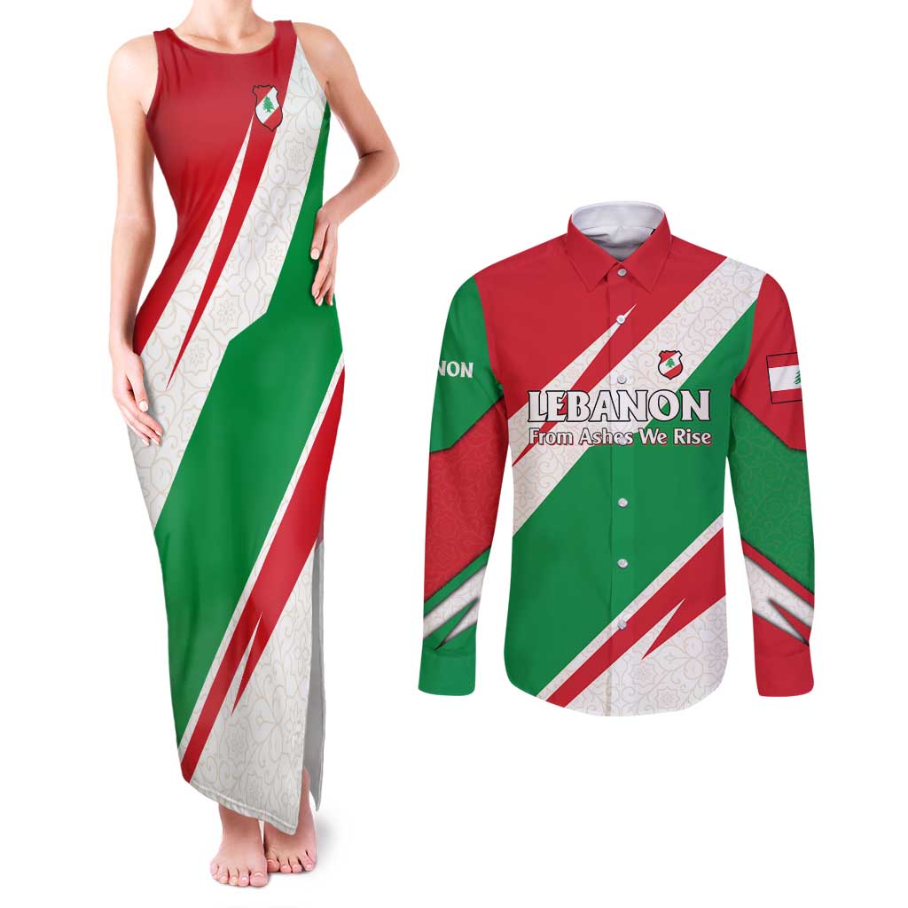 Lebanon Phoenix Couples Matching Tank Maxi Dress and Long Sleeve Button Shirt with Cedar Flag Colors and Inspirational Quote
