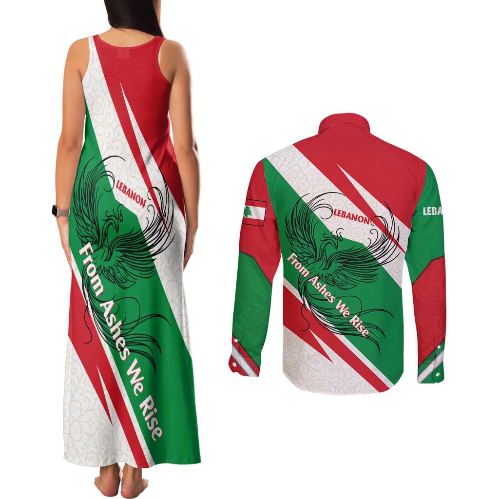 Lebanon Phoenix Couples Matching Tank Maxi Dress and Long Sleeve Button Shirt with Cedar Flag Colors and Inspirational Quote